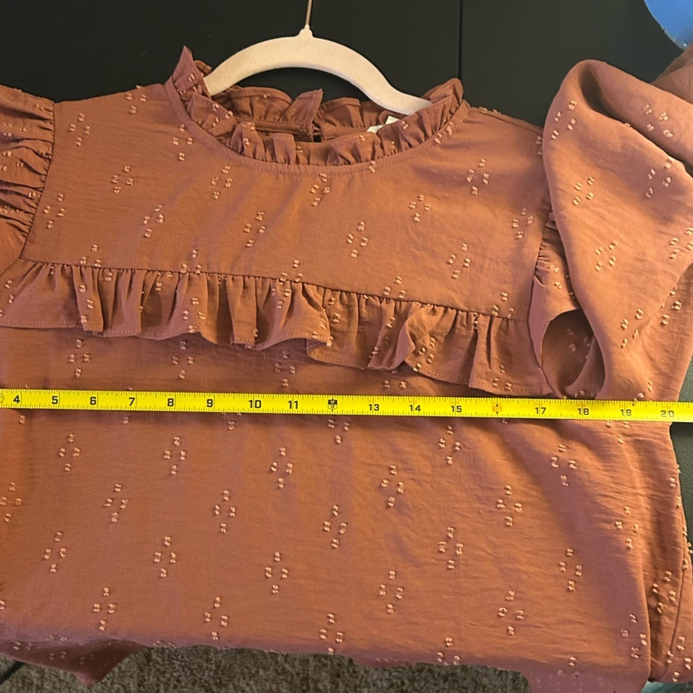 JODIFL Brown Ruffled Long Sleeve Blouse Size L Chic Business Casual Office - Picture 4 of 6
